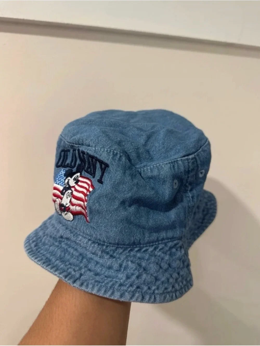 Old Navy Denim Bucket Hat with Flag & Character Patch
